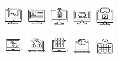 A set of 10 Virtual Reality icons as interface, content, control devices in black line color vector