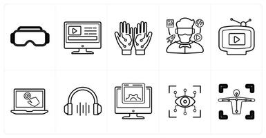 A set of 10 Virtual Reality icons as vr glasses, content, wiblack glasses in black line color vector