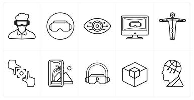 A set of 10 Virtual Reality icons as oculus vr, emotion, cyber eye vision in black line color vector