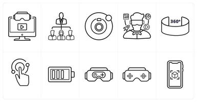 A set of 10 Virtual Reality icons as 3d , social network, camera 360 in black line color vector