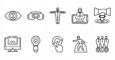 A set of 10 Virtual Reality icons as smart lenses, vr gaming, motion tracking in black line color vector