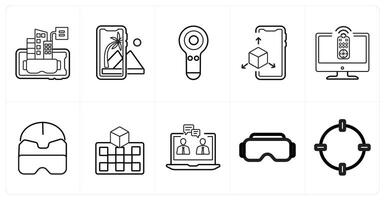 A set of 10 Virtual Reality icons as vr application, controllers, 3d display in black line color vector