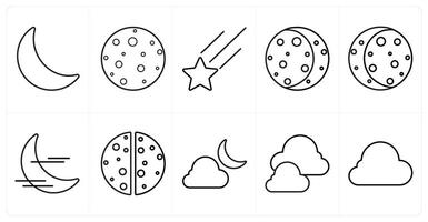 A set of 10 Weather icons as half moon, full moon, falling star in black line color vector