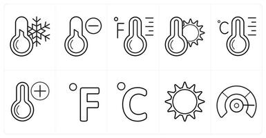 A set of 10 Weather icons as thermometer, cold temperature, fahrenheit in black line color vector