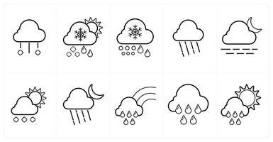 A set of 10 Weather icons as rain, snowfall, rainy cloud in black line color vector