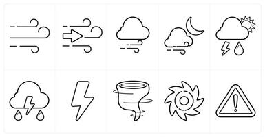 A set of 10 Weather icons as wind, storm, thunderstorm in black line color vector