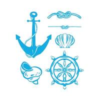 The nautical set of outline illustrations on the topic of sea trips in blue color. Includes anchor, helm, sea nodes and shells vector