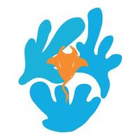 Stingray and sea corals. Abstract composition on a marine theme in blue and orange. Marine print. illustration in a hand-drawn style. vector