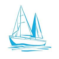 Sailing yacht floats on waves. Small ship for recreation and travel. Outline sketch in blue color. Hand drawing isolated on white background. illustration vector