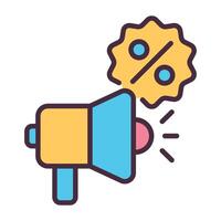 Megaphone with discount badge icon for promotion announcement. vector