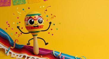 Festive maraca character with smiling face and confetti on a striped Mexican blanket under vibrant papel picado decorations and yellow background with space for text photo