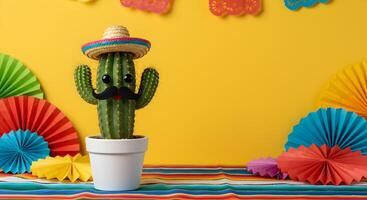 Cactus character with Mexican sombrero and mustache on bright yellow background, with space for text, ideal for banner, background or wallpaper photo