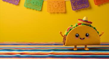 Adorable taco cartoon with smiling face, mini sombrero, lettuce and tomato filling, on a festive striped tablecloth and vibrant yellow background with hanging papel picado, with space for text, banner photo
