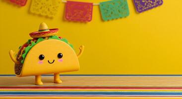 Cute taco cartoon with smiling face, mini sombrero, lettuce and tomato filling, on a festive striped tablecloth and vibrant yellow background with hanging papel picado, with space for text, banner photo