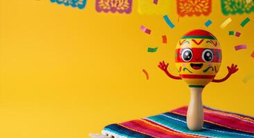 Cheerful maraca character with a painted face, waving arms and flying confetti, on a striped Mexican blanket under vibrant papel picado decorations on a bright yellow backdrop with space for text photo