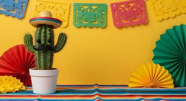 Festive cactus character with Mexican sombrero and mustache on bright yellow background, with space for text, ideal for banner, background or wallpaper photo
