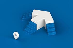 White arrow pointing upward with three blue staircases, symbolizing growth, success, and multiple strategic paths, 3d rendering in minimal style photo