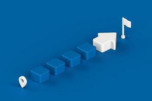 Sequential blue block leading to white arrow and flag, symbolizing step by step journey to reach goal, Idea for conveying progress, strategy planning, 3d rendering photo