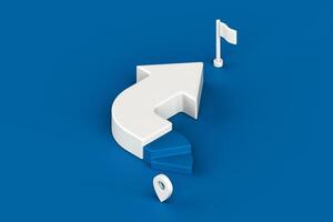 Curved arrow with stair step leading to flag, representing goal achievement through non linear progress, clean metaphor for strategy shifts, alternative paths to success, 3d rendering photo