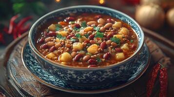 Hearty Bean and Potato Stew in a Decorative Bowl. A close up image of a flavorful and colorful stew perfect for a cozy autumn or winter meal. photo