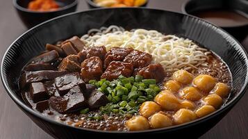 Delicious Asian Noodle Soup with Meat, Tangyuan, and Vegetables in a Black Bowl. photo