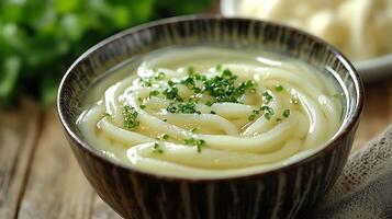 Close Up of a Bowl of Udon Noodles in Broth, Garnished with Green Onions. photo