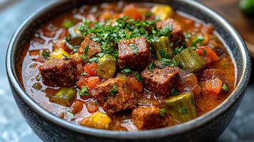 Close Up of Savory Stew with Okra and Tempeh Cubes in a Rustic Bowl. photo