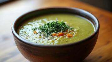 Close Up of Creamy Split Pea Soup in a Rustic Bowl. photo