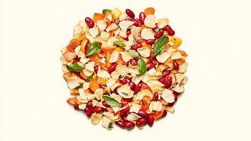 A vibrant mix of kidney beans, crispy vegetable chips, and fresh basil leaves, arranged in a visually appealing pattern. photo