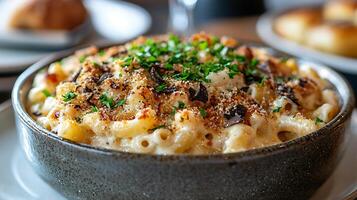 Creamy Truffle Mac and Cheese in a Rustic Bowl, Close Up Food Photography. photo