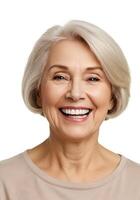 Elderly Woman Smiling Joyfully and Showing His White Teeth photo
