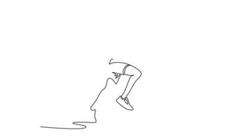 Self drawing animation of single line male runner carries flaming torch. Torchbearer or champions running through stadium. Athletic tournament. Opening ceremony. Continuous line. Full length animated video
