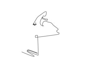 Self drawing animation of single line draw athlete jumping over hurdle during training on race track in athletic stadium. Woman hurdler runner overcoming barrier. Continuous line. Full length animated video