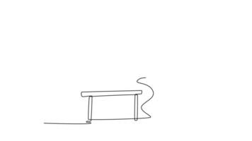 Self drawing animation of single line young athlete jumping over hurdle during training on race track in athletic stadium. Man hurdler runner overcoming barrier. Continuous line. Full length animated video