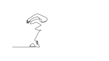 Self drawing animation of single line draw runner using starting block to start his run on running track in stadium. Athlete starting his sprint on running track. Continuous line. Full length animated video