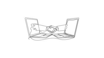 Hand-Drawn One-Line Animation of Two Business People Shaking Hands Through Laptops, Hands Coming Out of Screens, Minimalist Line Art, Continuous Drawing, Concept of Online Business Agreement video