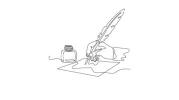 Hand-Drawn One-Line Animation of a Feather Drawing on Paper with an Ink Bottle, Minimalist Line Art, Continuous Outline Drawing, Concept of Creativity and Writing video