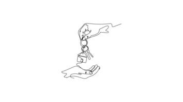 Hand-Drawn One-Line Animation of a Key Being Handed Over to Another Person for Rent, Minimalist Line Art, Continuous Outline Drawing, Concept of Property Rental and Agreement video