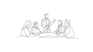 Hand-Drawn One-Line Animation of a Business Team Leader Discussing Business Growth with the Team, Minimalist Line Art, Continuous Outline Drawing, Concept of Leadership and Development video