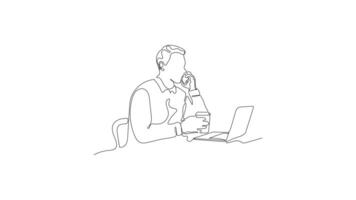 Hand-Drawn One-Line Animation of a Businessman Working on a Computer While Talking on the Phone and Drinking Coffee, Minimalist Line Art, Continuous Outline Drawing, Concept of Multitasking and Focus video
