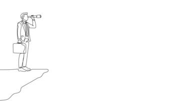 Hand-Drawn One-Line Animation of a Businessman Searching on a Hilltop, Minimalist Line Art, Continuous Outline Drawing, Concept of Exploration and Vision. video