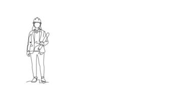 Hand-Drawn One-Line Animation of a Female Engineer Holding a Blueprint in Her Arm, Minimalist Line Art, Continuous Outline Drawing, Concept of Engineering and Professional Planning video