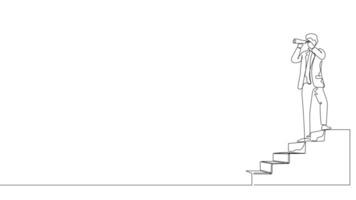 Hand-Drawn One-Line Animation of a Businessman Using a Telescope to Find Something While Standing on Stairs, Minimalist Line Art, Continuous Outline Drawing, Concept of Discovery and Exploration video