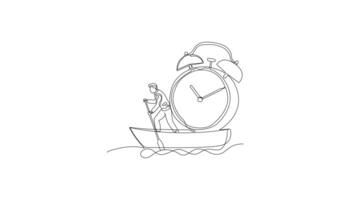Hand-Drawn One-Line Animation of a Businessman Riding a Boat with a Large Watch, Minimalist Line Art, Continuous Outline Drawing, Concept of Time Management and Business Journey video