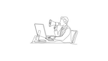 Hand-Drawn One-Line Animation of a Businessman Working in Front of a Computer, Holding a Megaphone and Speaking, Minimalist Line Art, Continuous Outline Drawing, Concept of Communication and Work video