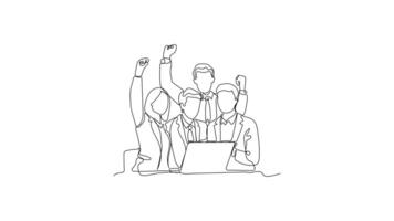 Hand-Drawn One-Line Animation of a Business Team Celebrating Success with Raised Hands, Minimalist Line Art, Continuous Outline Drawing, Concept of Achievement, Teamwork, and Victory video