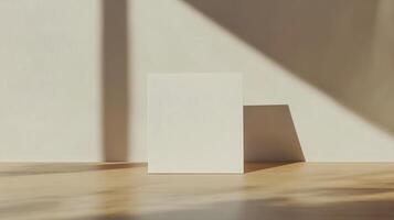 Blank card on a wooden table in natural light photo