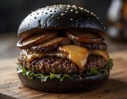 A burger with mushrooms and cheese on top photo