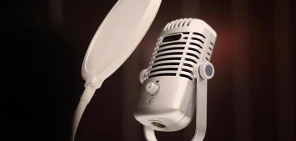 Microphone in studio. Professional studio microphone with a pop filter is suspended boom arm and studio lights. Set up mic for podcast voice over or recording high quality sound audio in a controlled photo
