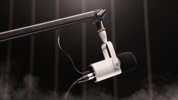 Microphone in studio. Professional studio microphone with a pop filter is suspended boom arm and studio lights. Set up mic for podcast voice over or recording high quality sound audio in controlled photo